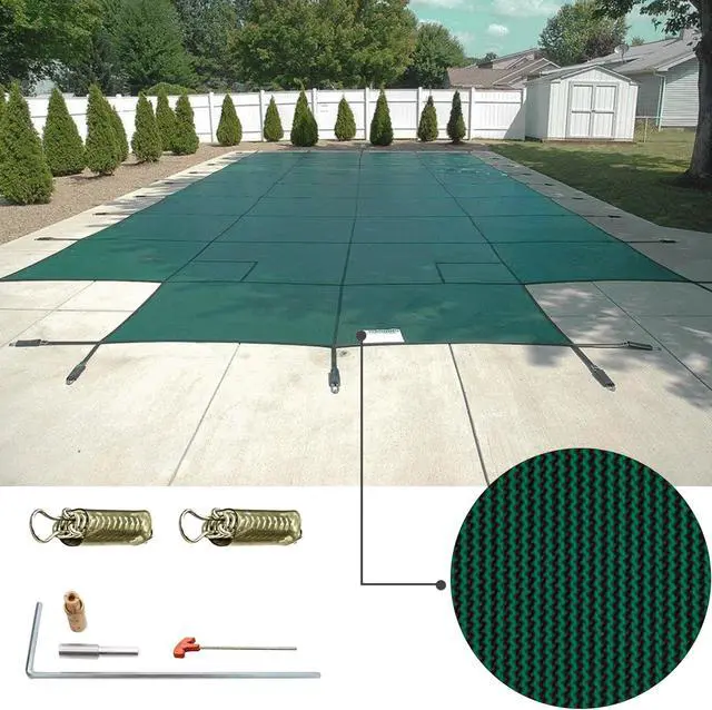 Alt view image 8 of 16 - VEVOR Pool Safety Cover Fits 20x40ft Rectangle Inground Safety Pool Cover Green Mesh with 4x8ft Center End Steps Solid Pool Safety Cover for Swimming Pool Winter Safety Cover