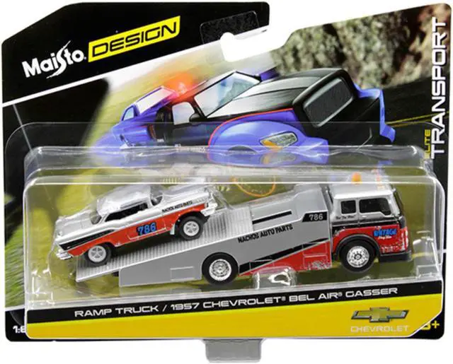 Alt view image 2 of 4 - 1957 Chevrolet Bel Air Gasser #786 Silver and Red with Ramp Tow Truck "Elite Transport" 1/64 Diecast Models by Maisto