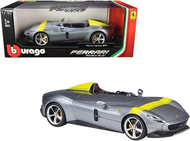 Alt view image 2 of 6 - Ferrari Monza SP1 Silver Metallic with Yellow Stripes 1/18 Diecast Model Car by Bburago