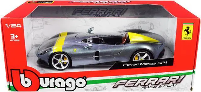 Alt view image 6 of 6 - Ferrari Monza SP1 Silver Metallic with Yellow Stripes 1/24 Diecast Model Car by Bburago