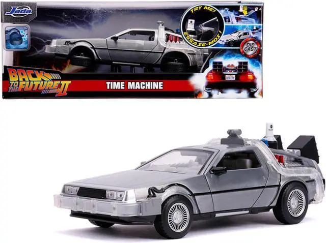Main image of DeLorean Brushed Metal Time Machine with Lights (Flying Version) \Back to the Future Part II\ (1989) Movie \"Hollywood Rides\" Series 1/24 Diecast Model Car by Jada"""