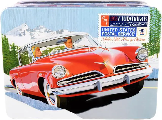 Alt view image 2 of 6 - Skill 2 Model Kit 1953 Studebaker Starliner with "USPS" (United States Postal Service) Themed Collectible Tin Box 3-In-1 Kit 1/25 Scale Model by AMT