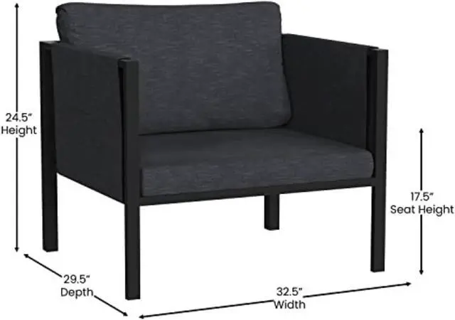 Alt view image 4 of 20 - Indoor/Outdoor Patio Chair with Cushions - Modern Steel Framed Chair with Storage Pockets, Black with Charcoal Cushions