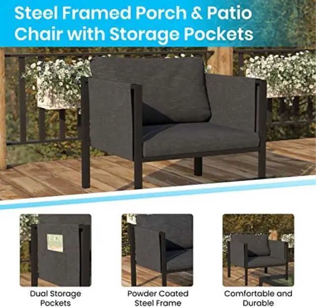 Alt view image 3 of 20 - Indoor/Outdoor Patio Chair with Cushions - Modern Steel Framed Chair with Storage Pockets, Black with Charcoal Cushions