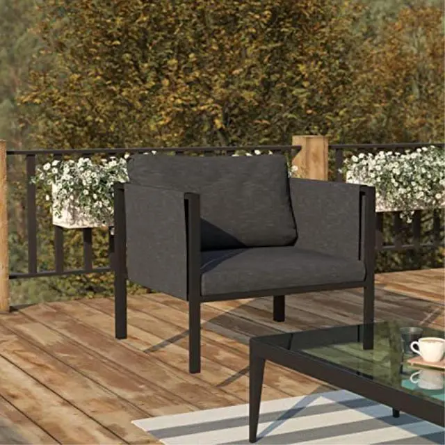 Alt view image 6 of 20 - Indoor/Outdoor Patio Chair with Cushions - Modern Steel Framed Chair with Storage Pockets, Black with Charcoal Cushions