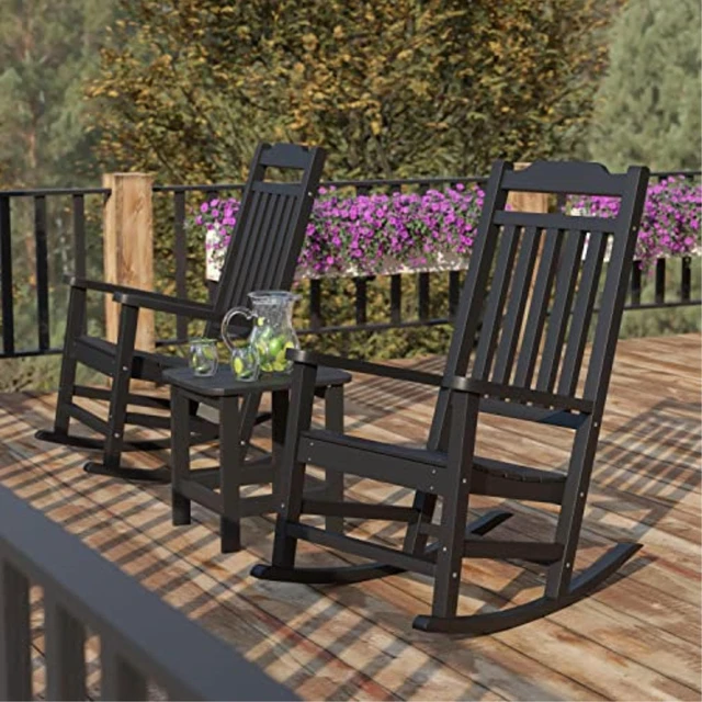 Alt view image 6 of 20 - Set of 2 Winston All-Weather Poly Resin Rocking Chairs with Accent Side Table in Black