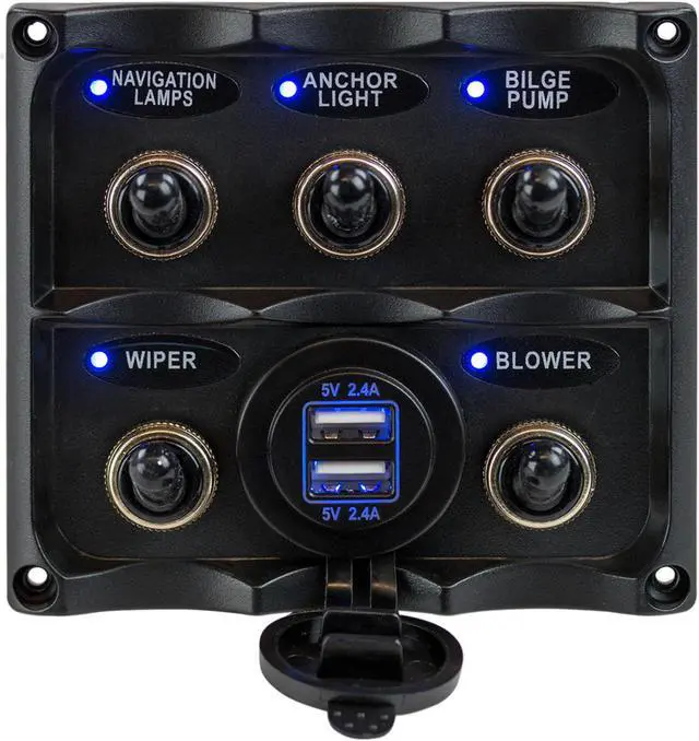 Alt view image 3 of 4 - Sea-Dog Water Resistant Toggle Switch Panel w/USB Power Socket - 5 Toggle