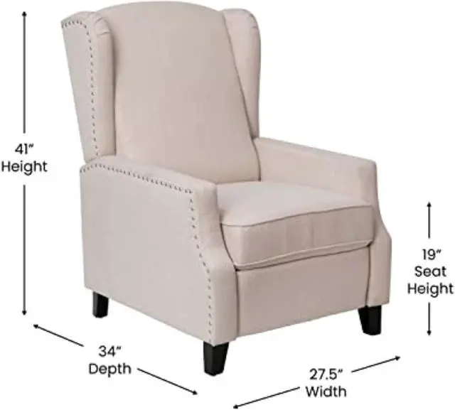 Alt view image 3 of 20 - Prescott Traditional Style Slim Push Back Recliner Chair-Wingback Recliner with Cream Fabric Upholstery-Accent Nail Trim