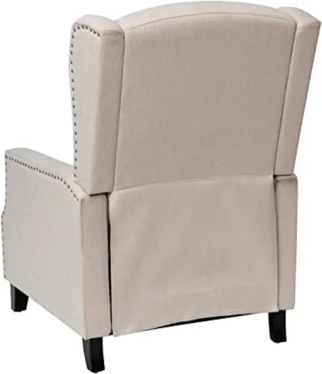 Alt view image 4 of 20 - Prescott Traditional Style Slim Push Back Recliner Chair-Wingback Recliner with Cream Fabric Upholstery-Accent Nail Trim