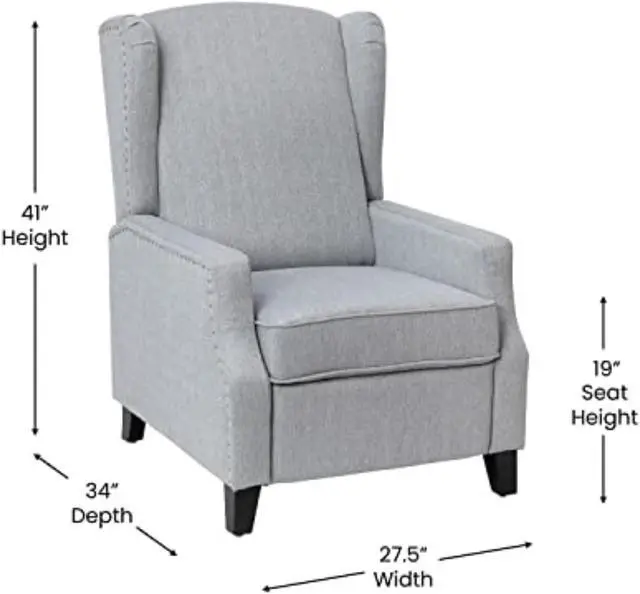 Alt view image 3 of 20 - Prescott Traditional Style Slim Push Back Recliner Chair-Wingback Recliner with Gray Polyester Fabric Upholstery-Accent Nail Trim