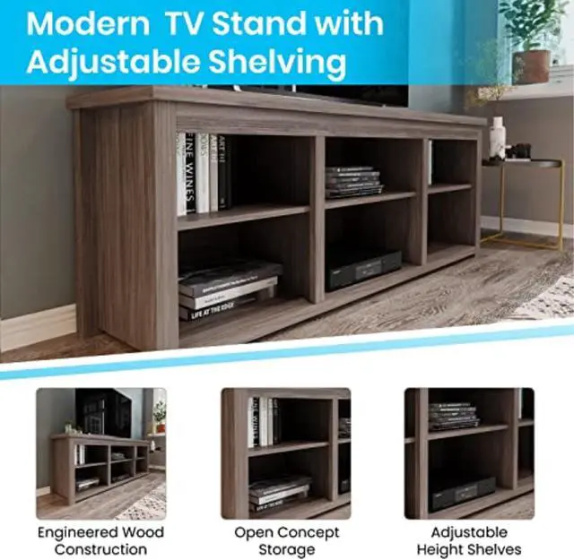 Alt view image 2 of 12 - Kilead Farmhouse TV Stand up to 80" TVs - 65" Engineered Wood Framed Media Console with Open Storage in Gray Wash Oak Finish