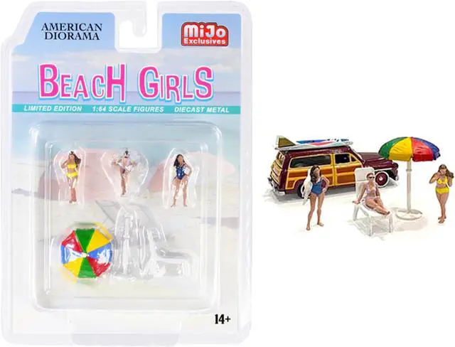 Alt view image 2 of 5 - "Beach Girls" 5 piece Diecast Set (3 Figurines 1 Beach Chaise and 1 Beach Umbrella) for 1/64 Scale Models by American Diorama