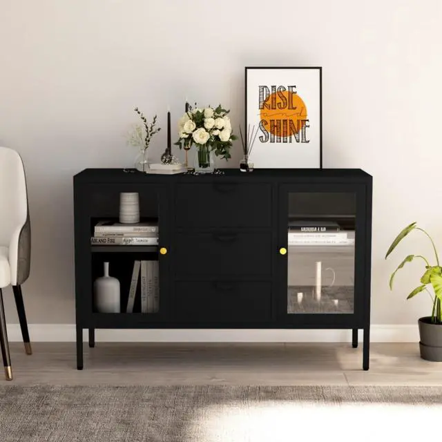 Alt view image 4 of 15 - vidaXL Sideboard Black 41.3"x13.8"x27.6" Steel and Tempered Glass