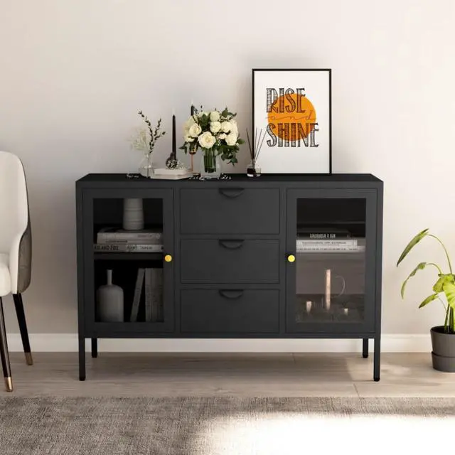 Alt view image 9 of 15 - vidaXL Sideboard Anthracite 41.3" Steel and Tempered Glass Cabinet Furniture