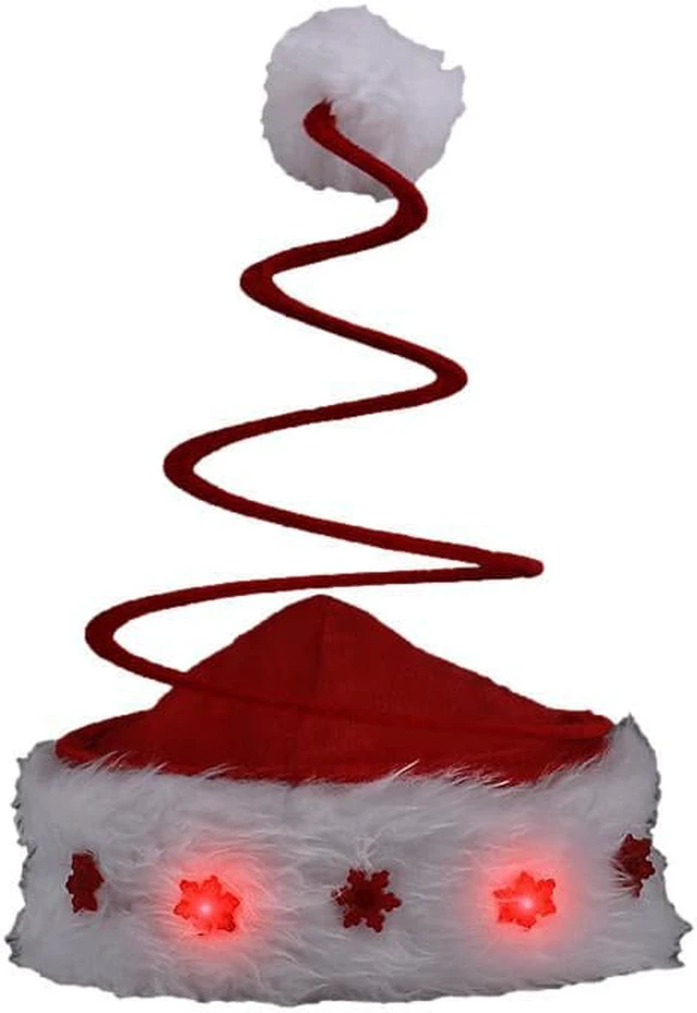 Main image of Silly Springy Red Christmas Tree Santa Hat with Flashing Snowflakes