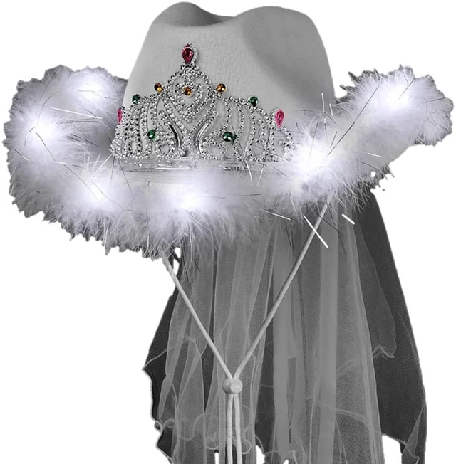 Main image of Light Up White Tiara Bridal Cowgirl Hat with Veil for Bachelorette and Bridal Party
