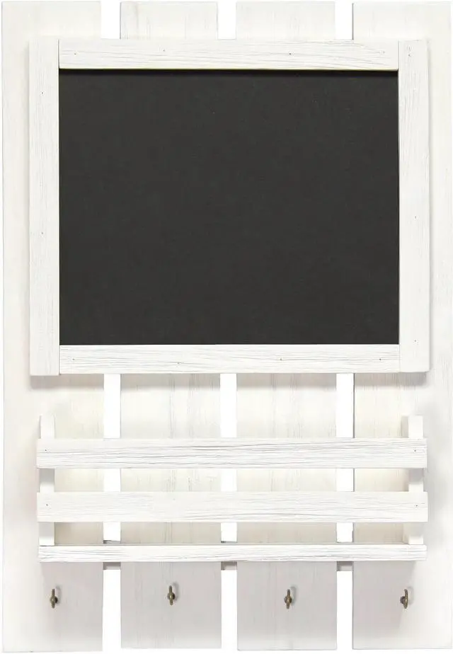 Main image of Elegant Designs Chalkboard Sign with Key Holder Hooks and Mail Storage, White Wash