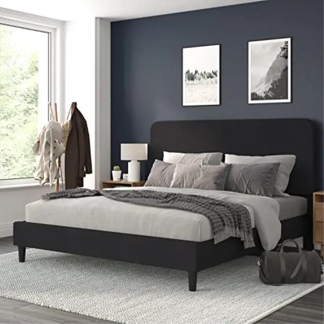 Main image of Addison Charcoal King Fabric Upholstered Platform Bed - Headboard with Rounded Edges - No Box Spring or Foundation Needed