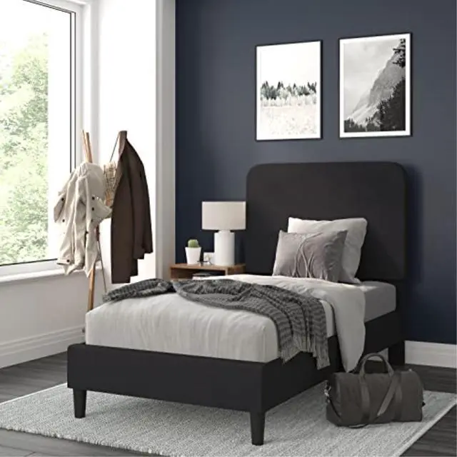 Main image of Addison Charcoal Twin Fabric Upholstered Platform Bed - Headboard with Rounded Edges - No Box Spring or Foundation Needed