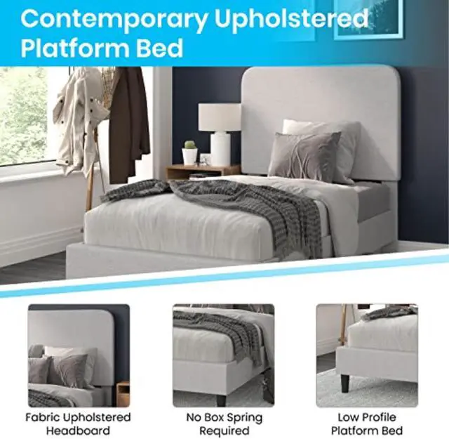 Alt view image 3 of 19 - Addison Light Grey Twin Fabric Upholstered Platform Bed - Headboard with Rounded Edges - No Box Spring or Foundation Needed