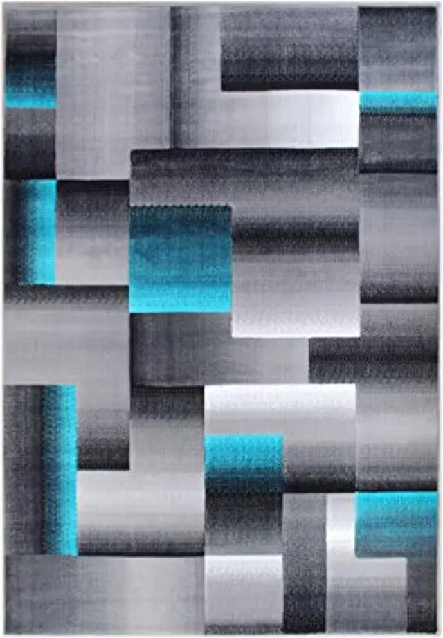 Alt view image 2 of 20 - Elio Collection 5' x 7' Turquoise Color Blocked Area Rug - Olefin Rug with Jute Backing - Entryway, Living Room, or Bedroom
