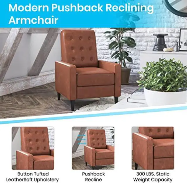 Alt view image 3 of 20 - Ezra Mid-Century Modern LeatherSoft Upholstered Button Tufted Pushback Recliner in Cognac Brown for Residential & Commercial Use