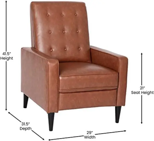 Alt view image 4 of 20 - Ezra Mid-Century Modern LeatherSoft Upholstered Button Tufted Pushback Recliner in Cognac Brown for Residential & Commercial Use