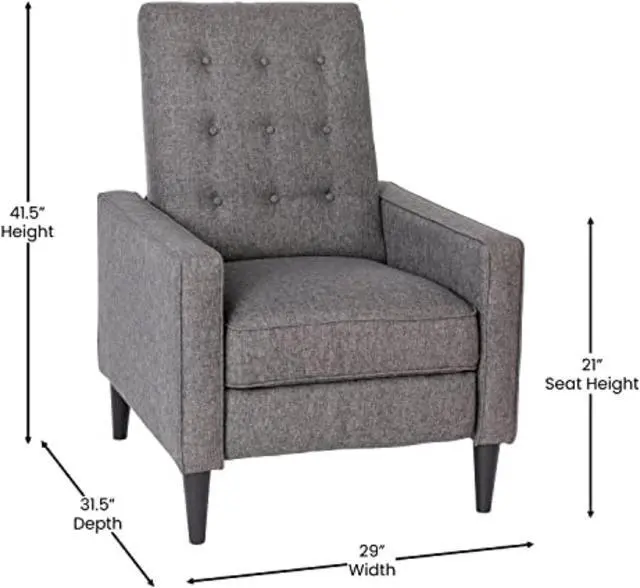 Alt view image 4 of 20 - Ezra Mid-Century Modern Fabric Upholstered Button Tufted Pushback Recliner in Gray for Residential & Commercial Use