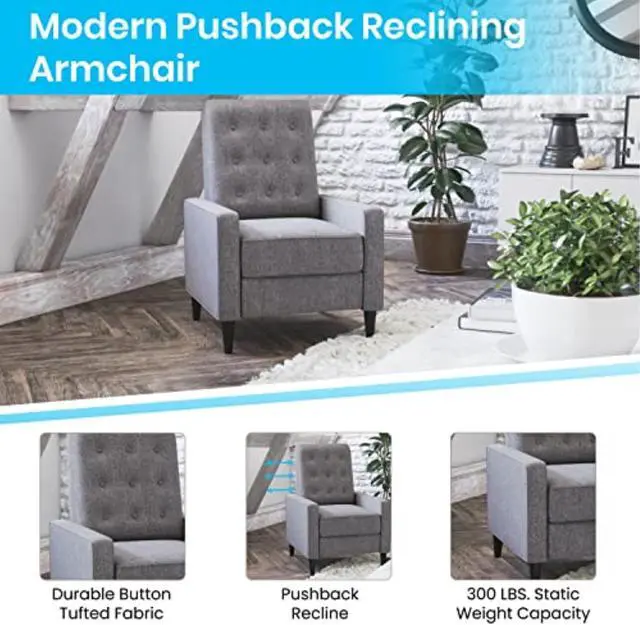 Alt view image 3 of 20 - Ezra Mid-Century Modern Fabric Upholstered Button Tufted Pushback Recliner in Gray for Residential & Commercial Use