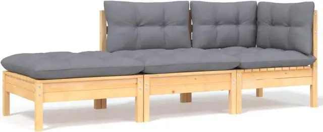 Main image of vidaXL 3 Piece Patio Lounge Set with Gray Cushions Solid Pinewood