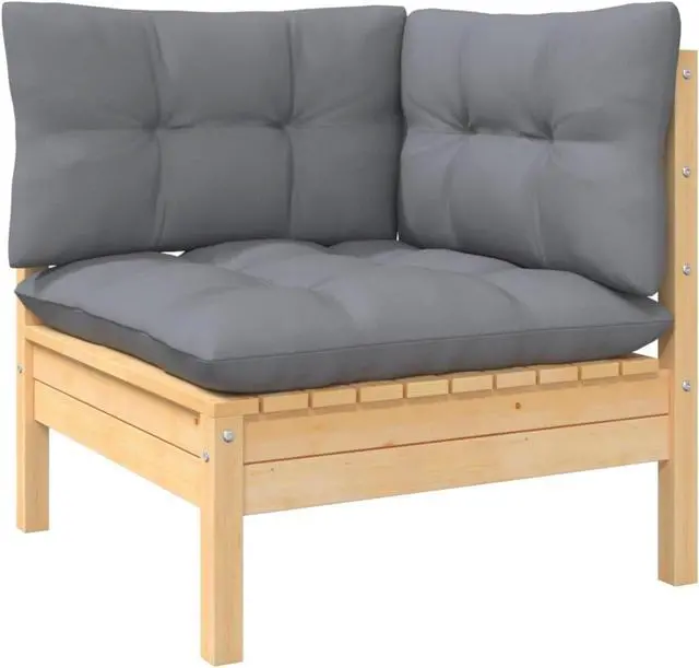 Alt view image 2 of 11 - vidaXL 3 Piece Patio Lounge Set with Gray Cushions Solid Pinewood