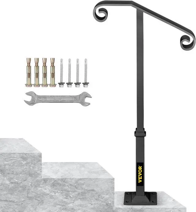 Main image of VEVOR Single Post Handrail Wrought Iron Fits 1 Or 2 Steps Matte Gray Grab Railing