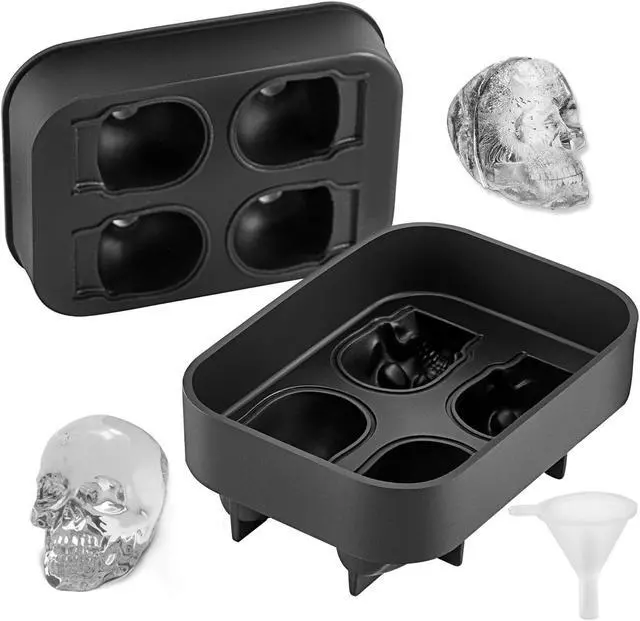 Alt view image 8 of 15 - VEVOR Skull Ice Cube Tray, 4-Grid Skull Ice Ball Maker, Flexible Black Silicone Ice Tray with Lid & Funnel, Funny Skull Ice Cubes 1.6"x1.8" Each for Beverage, Chocolate, etc. on Parties & Holidays
