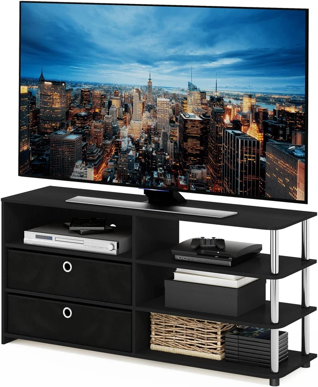 Alt view image 4 of 6 - Furinno JAYA Simple Design TV Stand for up to 55-Inch with Bins, Americano, Stainless Steel Tubes