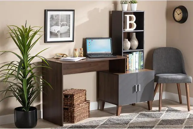 Alt view image 2 of 20 - Baxton Studio Jaeger Modern and Contemporary Two-Tone Walnut Brown and Dark Grey Finished Wood Storage Desk with Shelves