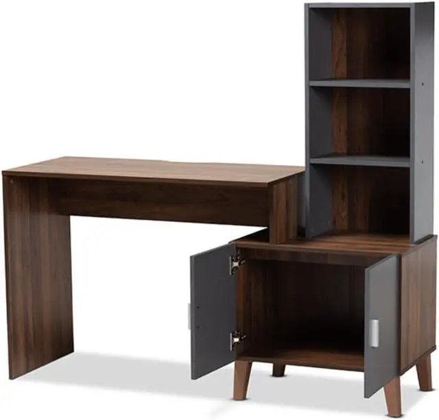 Alt view image 4 of 20 - Baxton Studio Jaeger Modern and Contemporary Two-Tone Walnut Brown and Dark Grey Finished Wood Storage Desk with Shelves