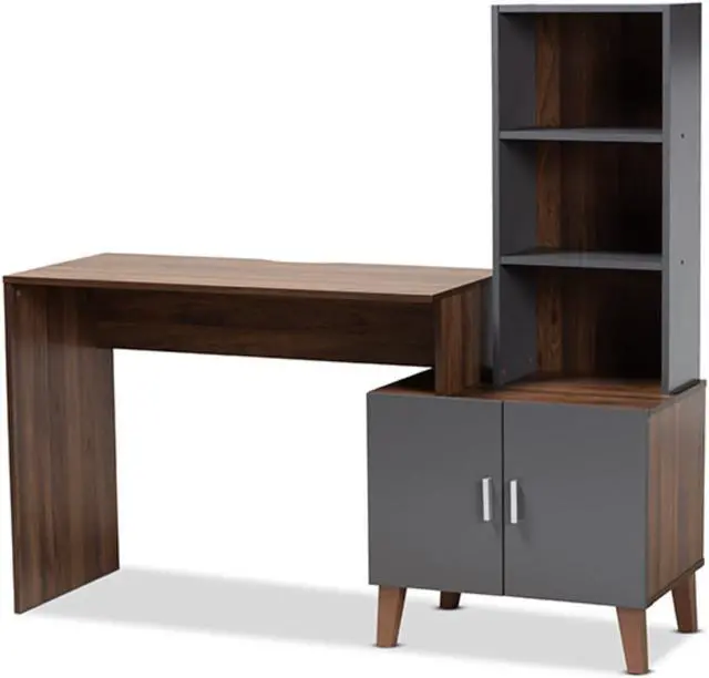Alt view image 3 of 20 - Baxton Studio Jaeger Modern and Contemporary Two-Tone Walnut Brown and Dark Grey Finished Wood Storage Desk with Shelves