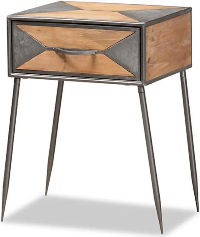 Alt view image 3 of 13 - Baxton Studio Laurel Rustic Industrial Antique Grey Finished Metal and Whitewashed Oak Brown Finished Wood 1-Drawer End Table