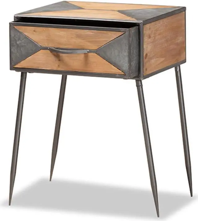 Alt view image 4 of 13 - Baxton Studio Laurel Rustic Industrial Antique Grey Finished Metal and Whitewashed Oak Brown Finished Wood 1-Drawer End Table