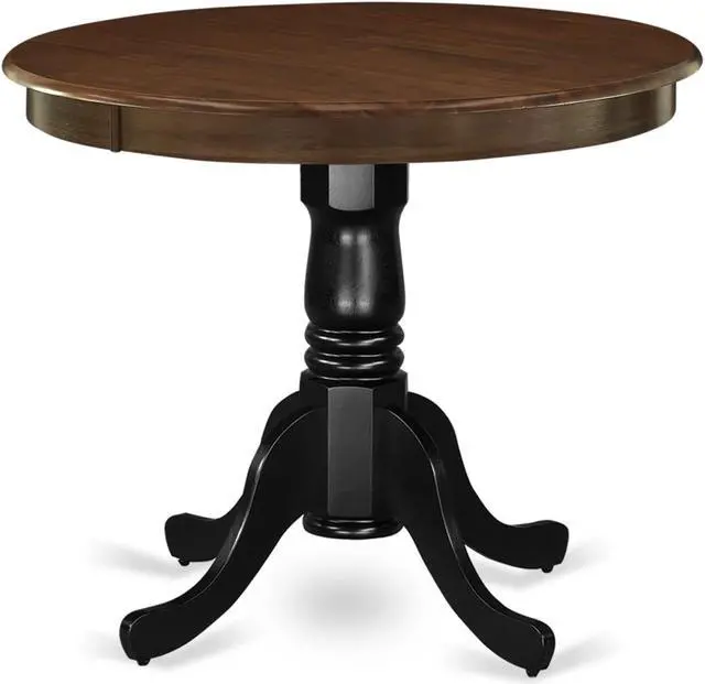 Main image of AMT-WBK-TP Antique Dining Table Made of Rubber Wood offering Walnut Finish Table Top, 36 Inch Round, Wirebrushed Black Pedestal