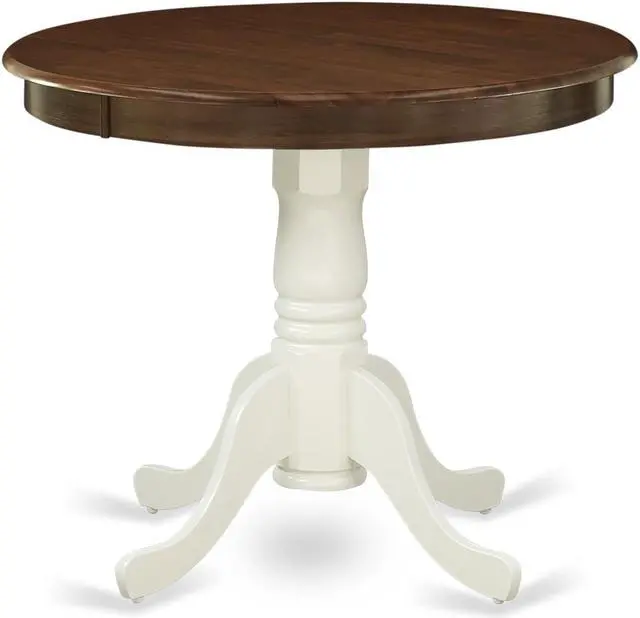 Main image of AMT-WLW-TP Antique Dining Table Made of Rubber Wood offering Walnut Finish Table Top, 36 Inch Round, Linen White Pedestal