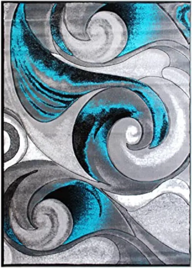 Alt view image 3 of 5 - Tellus Collection 8' x 10' Olefin Turquoise Ocean Waves Pattern Area Rug with Jute Backing for Entryway, Living Room, Bedroom