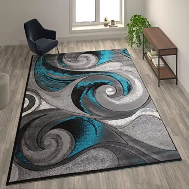 Main image of Tellus Collection 8' x 10' Olefin Turquoise Ocean Waves Pattern Area Rug with Jute Backing for Entryway, Living Room, Bedroom