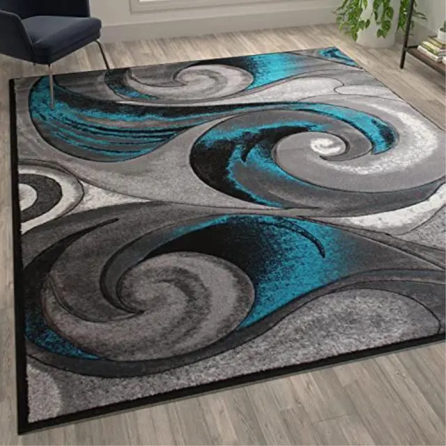 Alt view image 2 of 5 - Tellus Collection 8' x 10' Olefin Turquoise Ocean Waves Pattern Area Rug with Jute Backing for Entryway, Living Room, Bedroom
