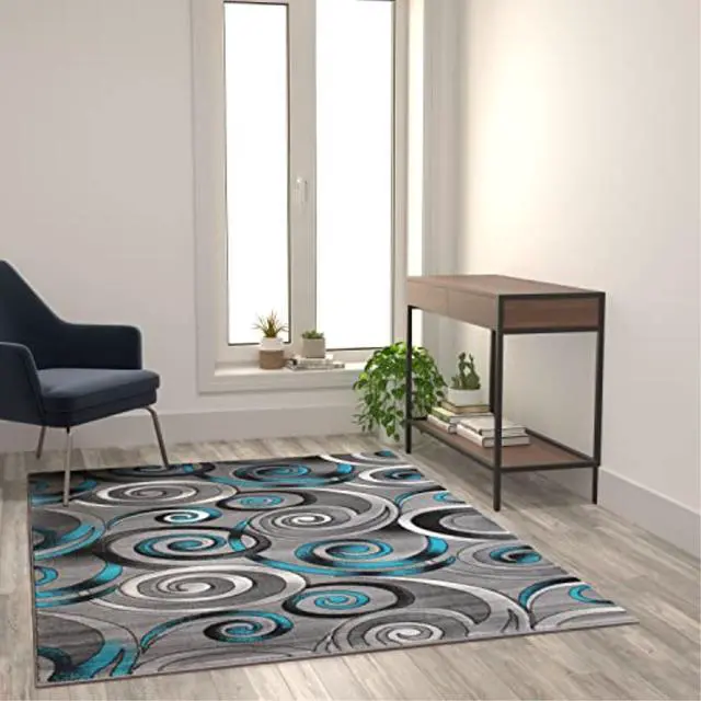 Main image of Masie Collection 5' x 7' Turquoise Swirl Olefin Area Rug with Jute Backing - Entryway, Living Room, Bedroom