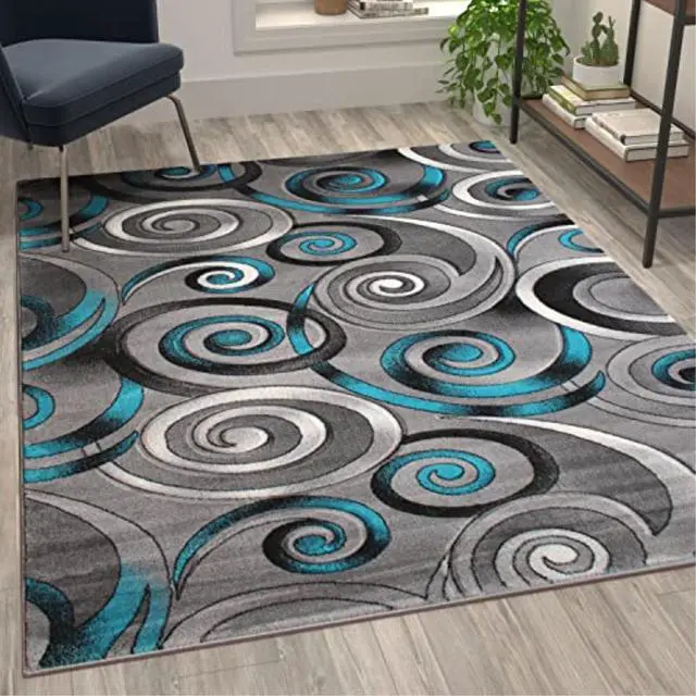 Alt view image 2 of 5 - Masie Collection 5' x 7' Turquoise Swirl Olefin Area Rug with Jute Backing - Entryway, Living Room, Bedroom