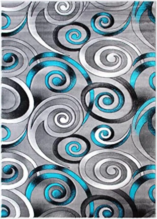Alt view image 3 of 5 - Masie Collection 5' x 7' Turquoise Swirl Olefin Area Rug with Jute Backing - Entryway, Living Room, Bedroom