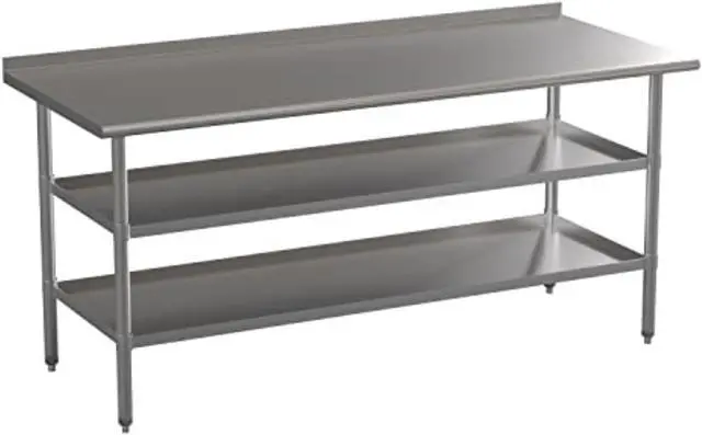 Alt view image 16 of 19 - Stainless Steel 18 Gauge Work Table with 1.5" Backsplash and 2 Undershelves - 72"W x 30"D x 34.5"H, NSF