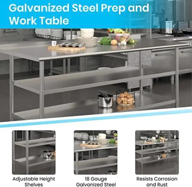 Alt view image 18 of 19 - Stainless Steel 18 Gauge Work Table with 1.5" Backsplash and 2 Undershelves - 72"W x 30"D x 34.5"H, NSF