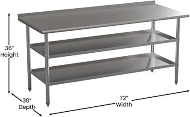 Alt view image 19 of 19 - Stainless Steel 18 Gauge Work Table with 1.5" Backsplash and 2 Undershelves - 72"W x 30"D x 34.5"H, NSF